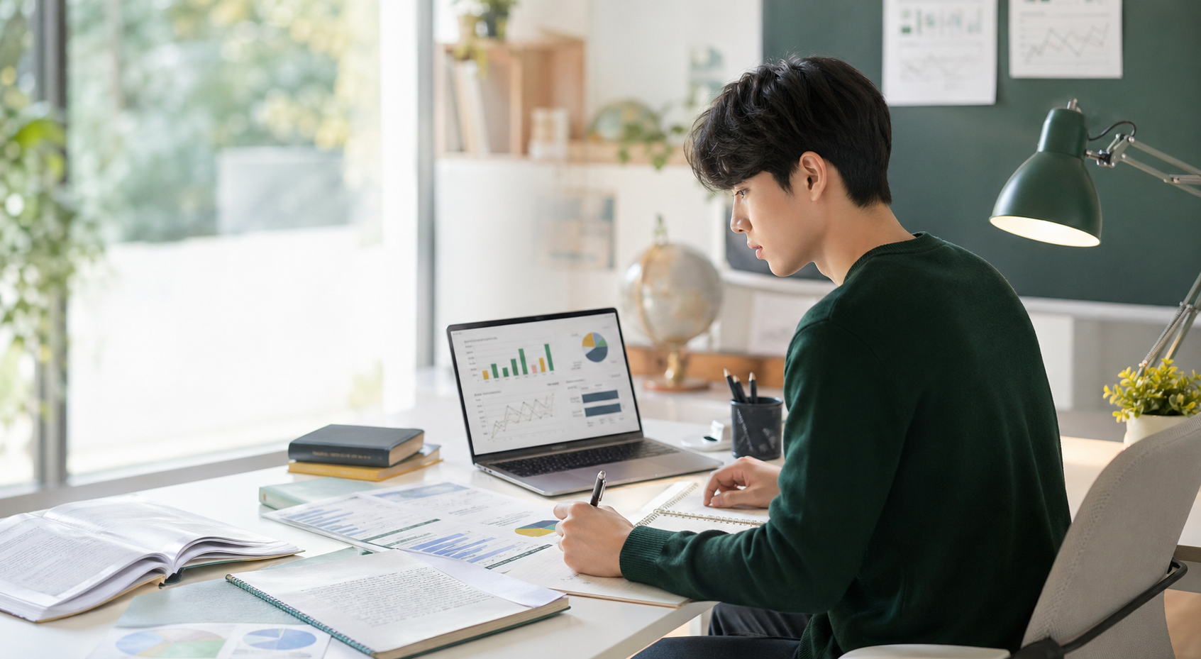 IB 경영과 경제 온라인 강의를 공부하는 학생의 책상